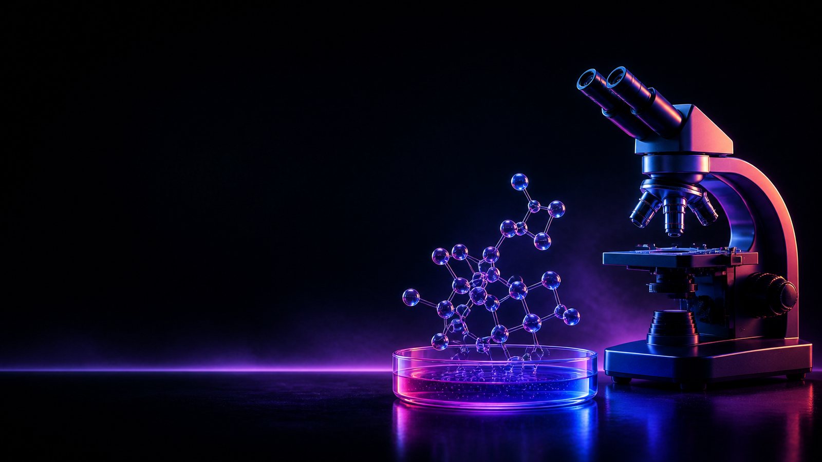 Two laboratory flasks illuminated by blue, violet, and magenta light